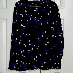 Black with blue, white polka dots